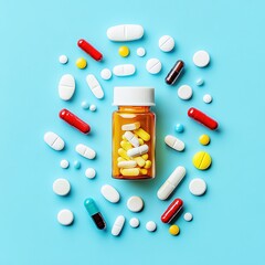 Assortment of colorful pills and tablets in a glass bottle on a light blue background, healthcare and medical concept. Medicine