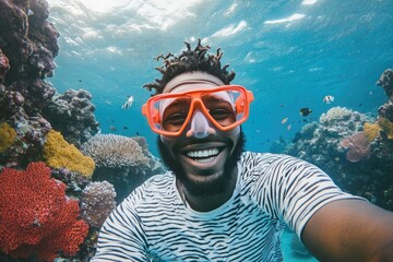 Underwater selfie of a smiling man snorkeling amidst vibrant coral reef and fish