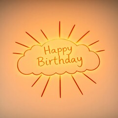 8K resolution 3D render of a minimalistic, lively doodle featuring rainbow clouds and a sun. The words Happy Birthday are inscribed in the sun's rays White background art illustration design