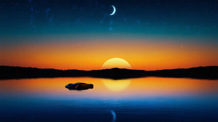 Vibrant anime-style sunrise paints the beach sky with warm hues, ocean waves gently lapping the shore, evening, nature
