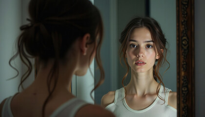 Fototapeta premium A young woman gazing into a mirror, reflecting on her inner thoughts and emotions.