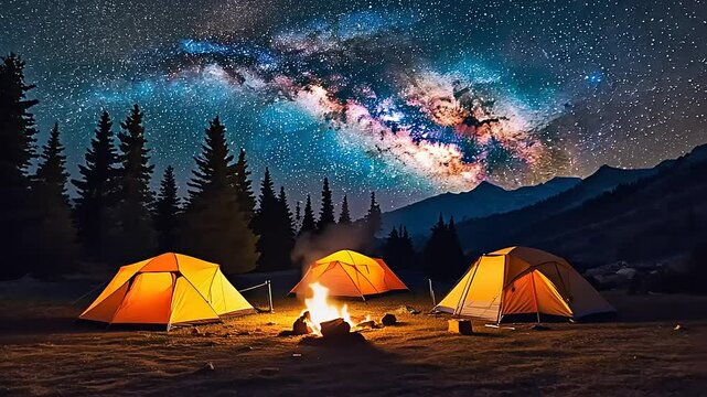 Night camping scene with three tents, campfire, and Milky Way