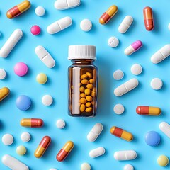 Assortment of colorful pills and tablets in a glass bottle on a light blue background, healthcare and medical concept. Medicine