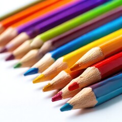 A closeup shot of a row of brightly colored pencils arranged diagonally on a clean, white background 