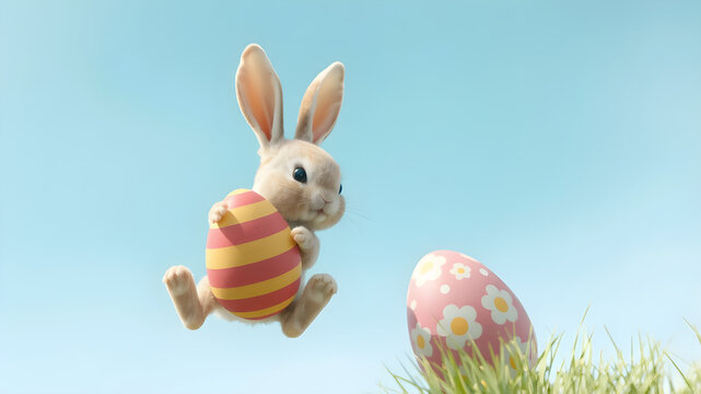 Cute easter bunny with easter eggs fly against the blue sky, banner format. 