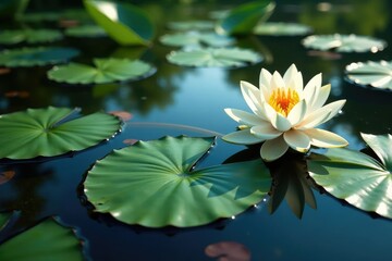 Water lilies and other aquatic plants form a floral pattern on the lake's surface, stock photo, photography