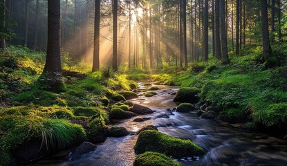 Obraz premium Sunbeams pierce misty forest, illuminating a tranquil stream flowing over moss-covered rocks
