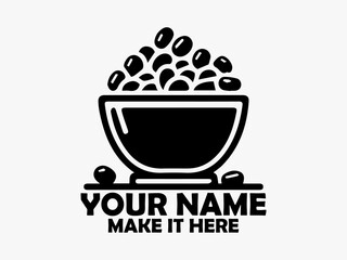 Minimalist black and white illustration of a bowl overflowing with dark brown coffee beans on a plain surface. Coffee concept design isolated on white background, food bowl vector icon and logo
