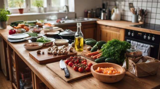 A kitchen counter filled with various fresh vegetables and ingredients ready for cooking preparation