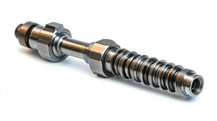 Fototapeta premium Close-up of a metallic industrial component with multiple sections, nuts, and a spring mechanism, isolated on white background.