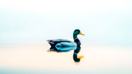 Obraz premium Majestic mallard duck floating serenely on tranquil pond at dawn