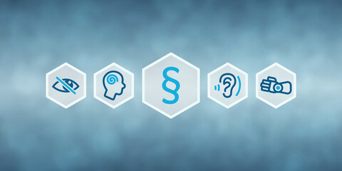 BFSG Header Grafik - Barrierefreiheitsstärkungsgesetz Symbolbild mit Icons für Recht, Seheinschränkung, Höreinschränkung, Bewegungseinschränkung und Denkeinschränkung © sh99