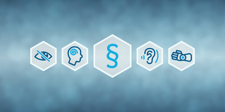 BFSG Header Grafik - Barrierefreiheitsst&auml;rkungsgesetz Symbolbild mit Icons f&uuml;r Recht, Seheinschr&auml;nkung, H&ouml;reinschr&auml;nkung, Bewegungseinschr&auml;nkung und Denkeinschr&auml;nkung