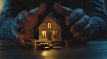 Hands Protecting Miniature House Surrounded by Stacks of Coins