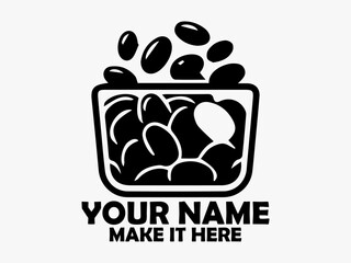 Minimalist black and white illustration of a bowl overflowing with dark brown coffee beans on a plain surface. Coffee concept design isolated on white background, food bowl vector icon and logo