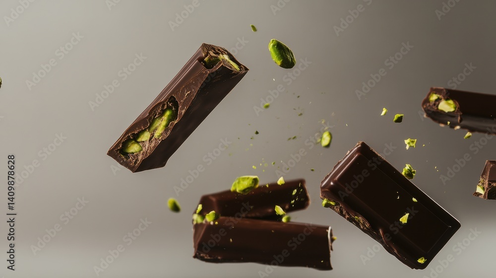 Aufkleber chunks of dark chocolate with pistachios floating in a creative arrangement captured in an abstract 