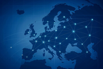 Digital network connection points mapped across Europe on blue technology background showing global communication and data transfer