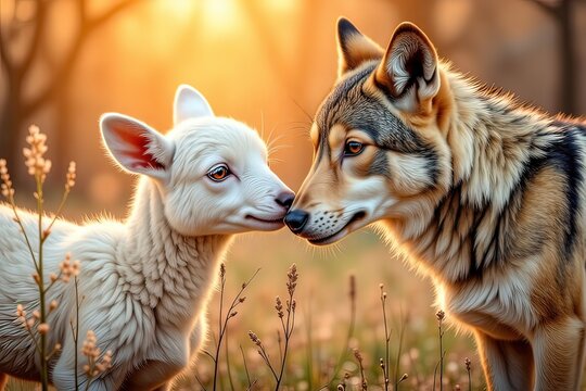 AI un simpatico e tenero agnellino gioca con la madre e con il lupo 01