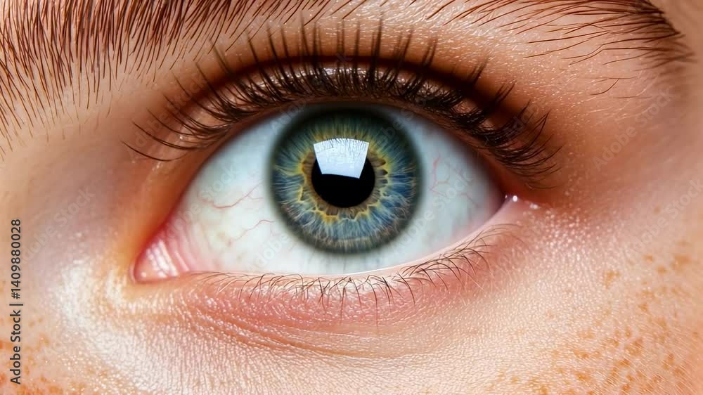 Poster peach eyeshadow and mascara accentuate a captivating blue eye, showcasing the delicate skin texture 