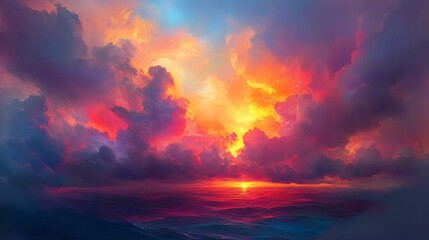 Fiery sunset over ocean, dramatic cloudscape, nature background, ideal for calm, peaceful mood