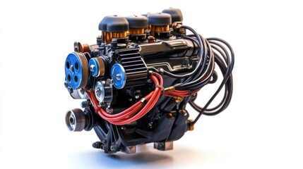 Close-up of a powerful, high-performance engine isolated on white background, showcasing intricate details of its components and mechanics.