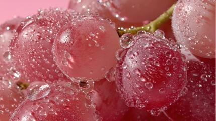 A perfect bunch of red-pink grapes with glossy, wet skin, shot in macro on a soft pink set with luxury product lighting and shadow detail.