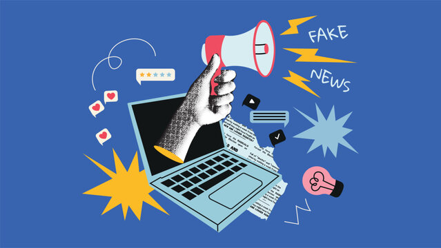 Contemporary art collage. Halftone style design with a laptop and a hand holding a megaphone labeled  Fake News. Conceptual vector about truth, misinformation, social media, and digital culture.