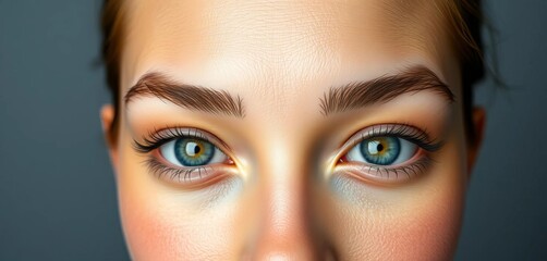 Fototapeta premium Close-up of healthy, glowing facial skin and eyes against a gray backdrop, color, high quality