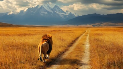 Obraz premium a path in a golden field with mountains in the far distance 