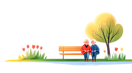 Elderly couple smiling and relaxing on bench in blooming park