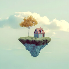 Small house and tree on a floating island in the sky