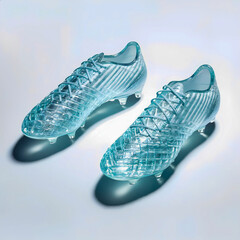 Translucent turquoise soccer cleats on light blue background with shadows