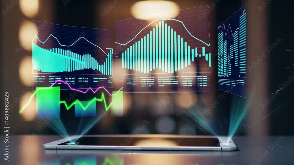 Poster holographic financial charts, composed of lines and bars, rotate above a tablet on a desk in an offi