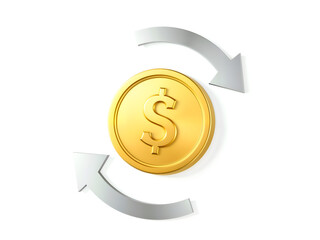 3D golden dollar coin with white arrows representing money flow or transaction. Generative AI