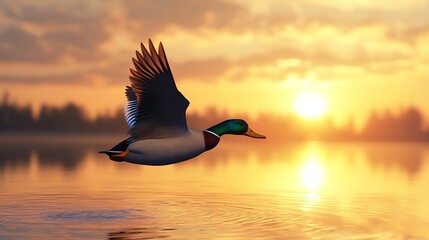Stunning duck flying gracefully over golden lake with sunset backdrop image
