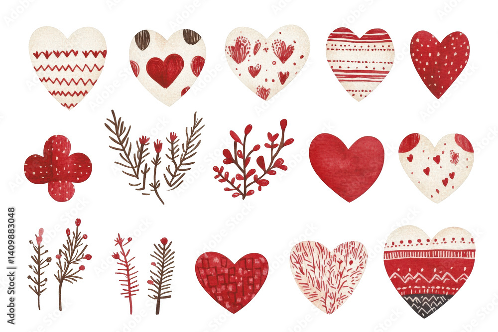 Poster a collection of artistic red and white hearts on a black background featuring various patterns, shap