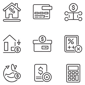 Loan and Credit thin line icons set. Mortgage, credit rating, calculator editable stroke icon. Vector with white background