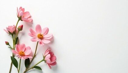 Fototapeta premium Bright white backdrop featuring a delicate flower arrangement, arrangement, elegant, pastel