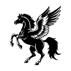 Fototapeta premium Black Pegasus with wings, rearing up., pegasus horse silhouette, black and white silhouette, vector and illustration, horse isolated on white, Pegasus silhouette 