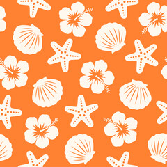 Hibiscus, starfish and seashell seamless pattern design for summer holidays background. © NTRdesign