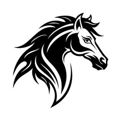 Stylized horse head illustration in black tribal tattoo style, majestic animal silhouette isolated on white background © Backdrop Bliss