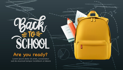 Back to school web banner. Yellow backpack with pencils and school notepad on the black chalkboard background with different doodle scientific icons
