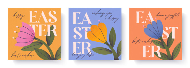 Happy Easter greeting card templates.Trendy designs with bold typography and hand drawn blooming flowers.Seasonal illustrations for spring holiday decor,prints,invitations,offers,covers