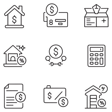 Loan and Credit thin line icons set. Mortgage, credit rating, calculator editable stroke icon. Vector with white background