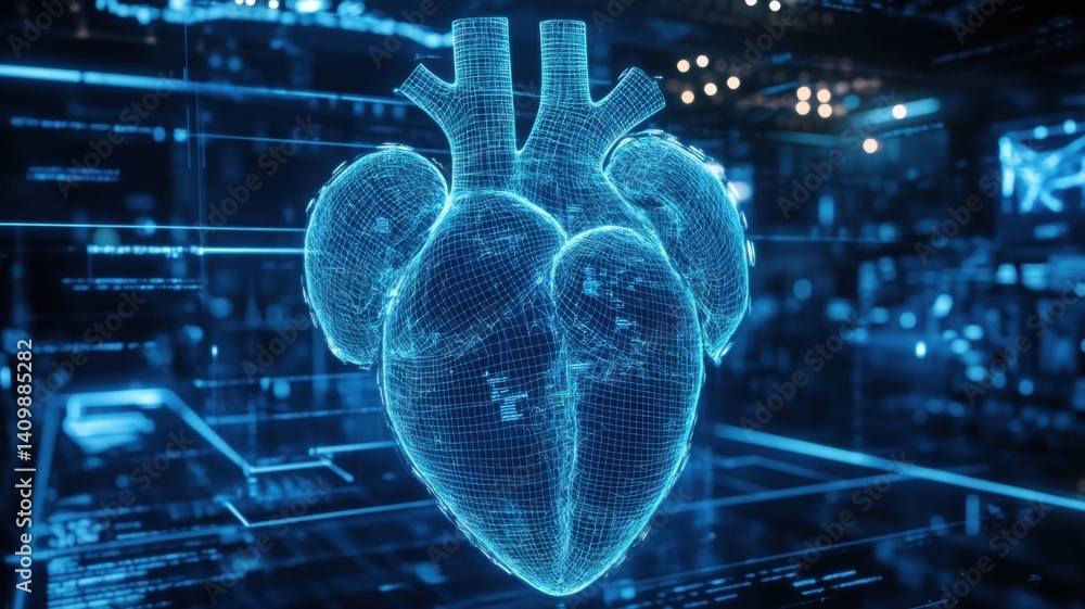 Poster a digital rendering of a heart in a blue wireframe style, showcasing advanced technology and data vi