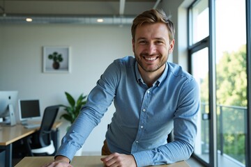 Friendly Caucasian businessman with a beard, dressed casually in a light blue shirt, smiling confidently while leaning relaxedly in a modern, bright open-plan office environment