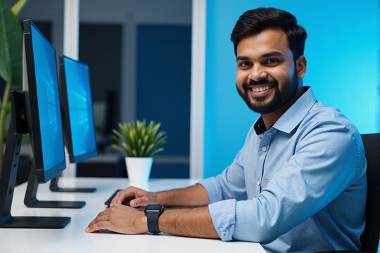 Friendly South Asian male IT professional or office worker with a beard, smiling at the camera while sitting at his dual-monitor computer workstation in a modern tech office
