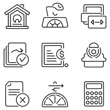 Loan and Credit thin line icons set. Mortgage, credit rating, calculator editable stroke icon. Vector with white background