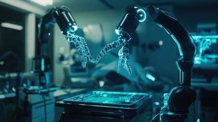 A futuristic scene featuring robotic arms working on a digital interface, showcasing advanced technology and innovation in a clinical environment.