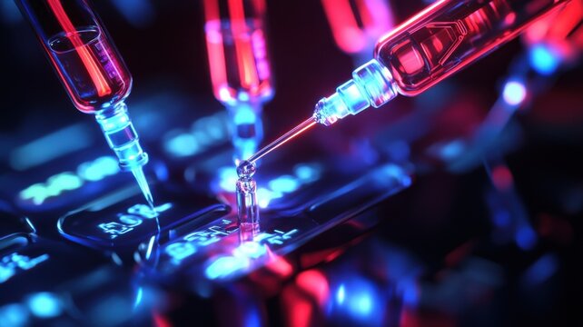 A futuristic depiction of syringes interacting with a circuit board, illuminated by vibrant blue and red lights.